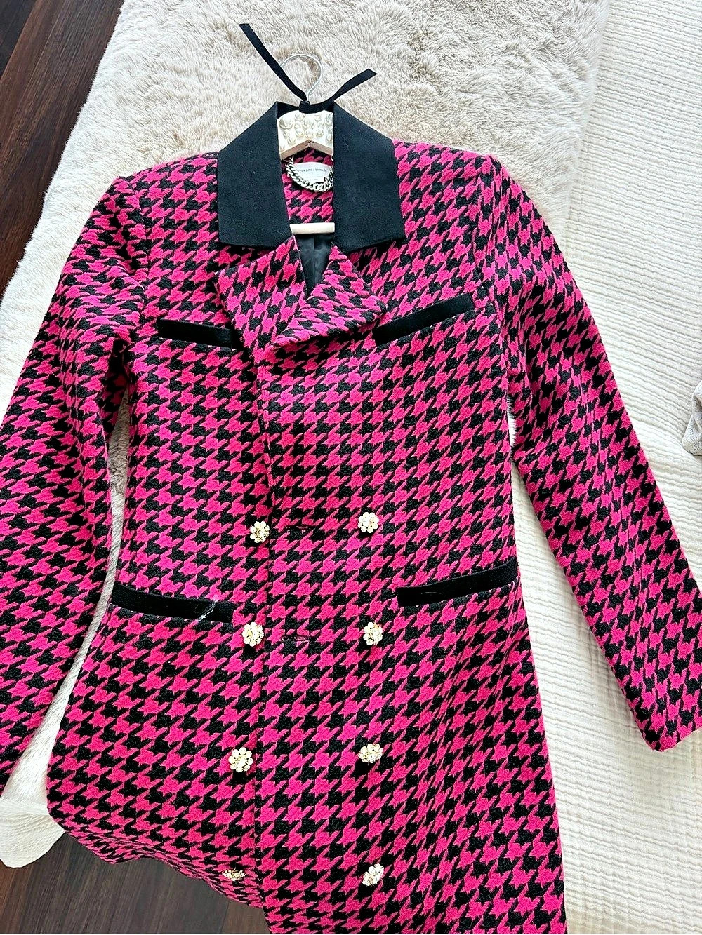 Lovers and Friends Heather Blazer Pink & Black Houndstooth XS